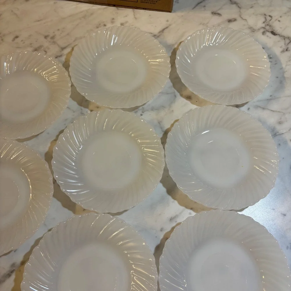 Vintage White Milk Glass Swirl Saucers Set of 8 Scalloped Edge Bread Plates 6in
